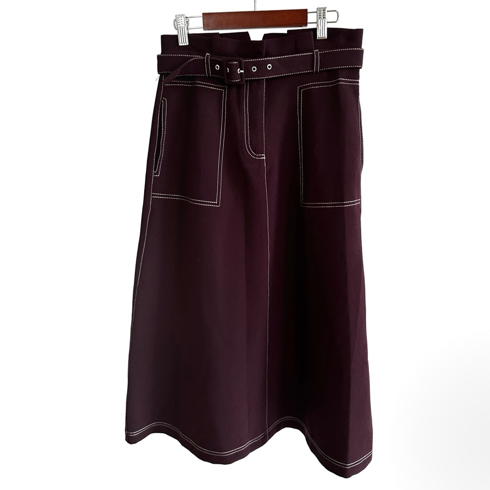 Tailored midi skirt with contrast stitching and belt